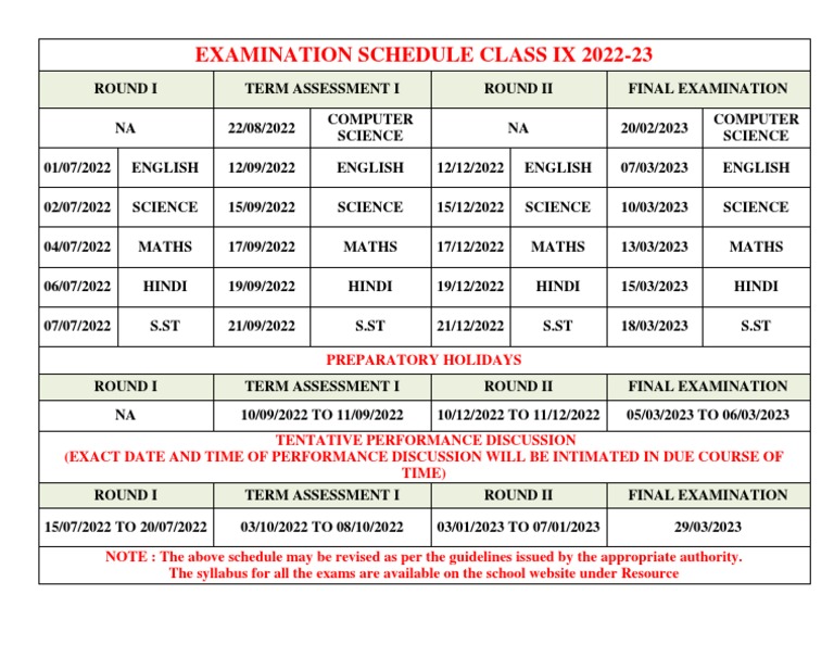 Class 9 Exam Schedule 2022-23 | PDF
