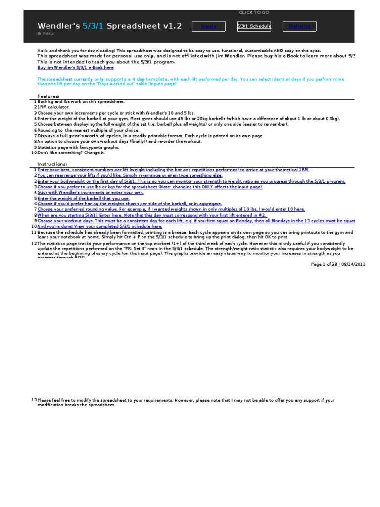 5 3 1 Spreadsheet | Spreadsheet | Weight Training