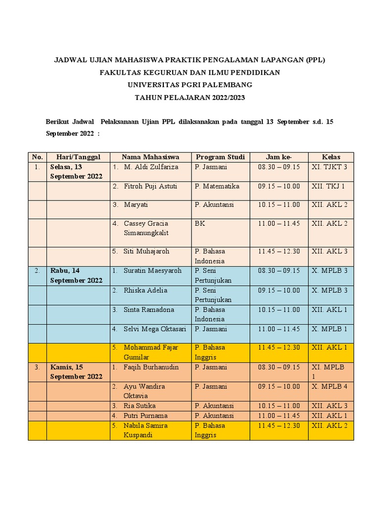 Jadwal Ujian Mahasiswa Praktik Pengalaman Lapangan 2 Pdf