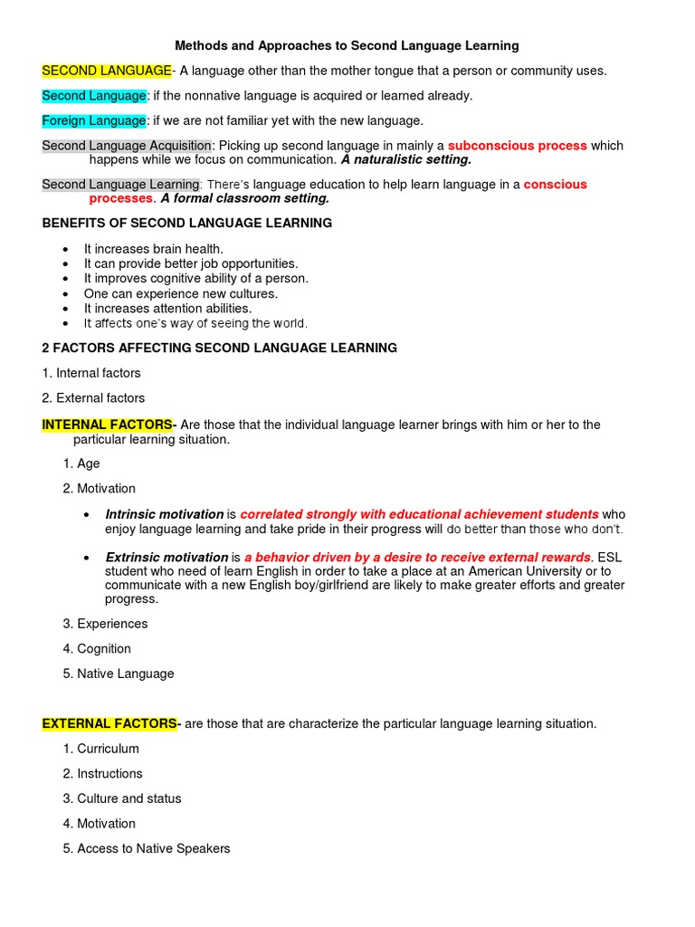 Methods and Approaches To Second Language Learning PDF Second