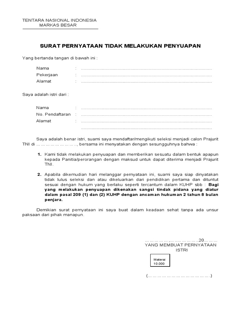 Contoh Surat Pernyataan Anti Penipuan Suap Dan Korups - vrogue.co