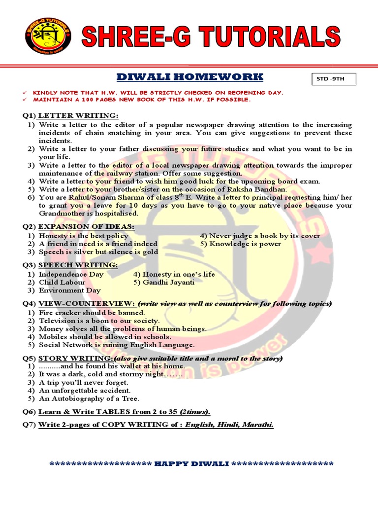 Class 9 Diwali Homework Assignments | PDF | Foreign Language Studies