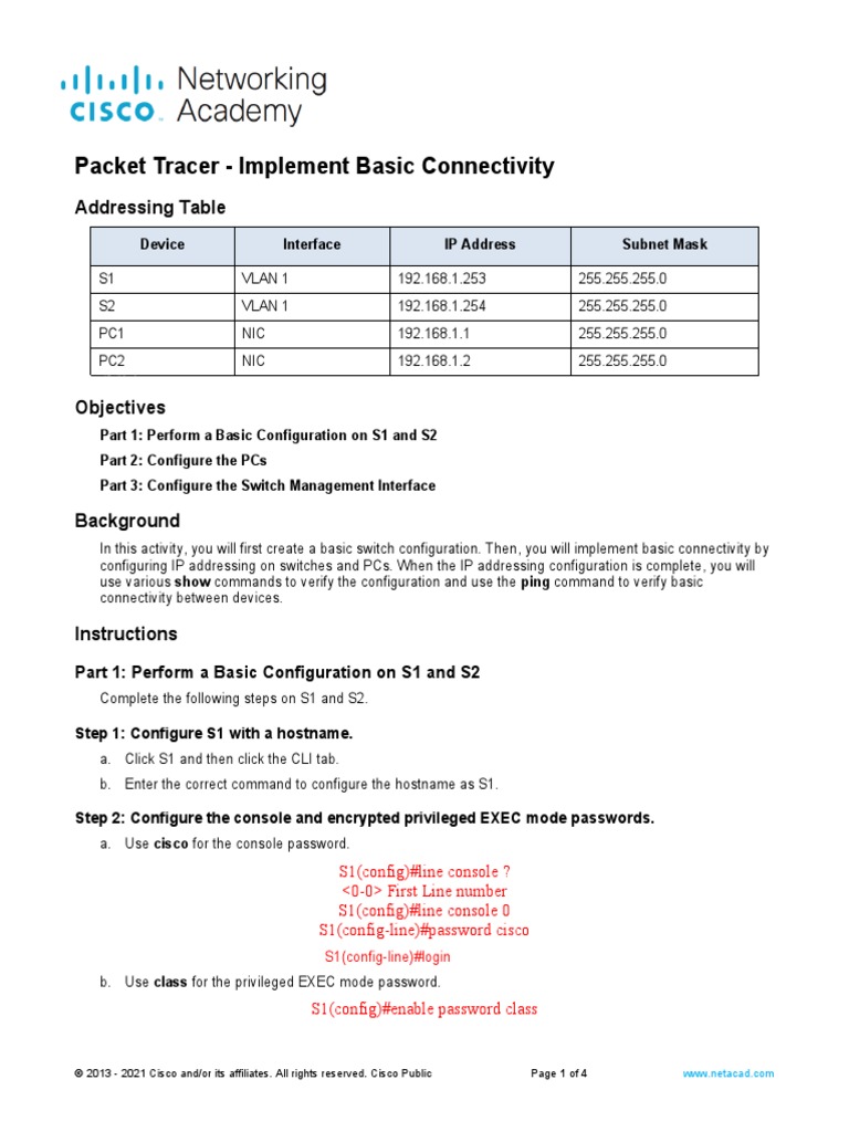 2 7 6 packet tracer implement basic connectivity pdf command line