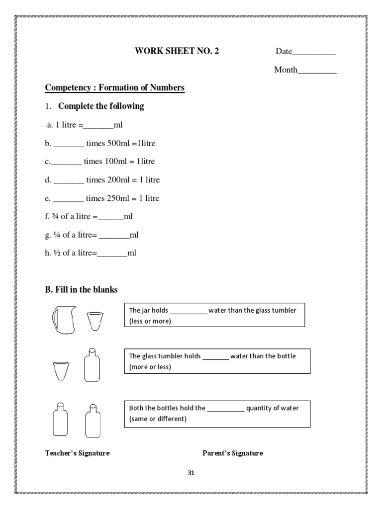 CBSE Class 4 Math Revision WorksheetJugs and Mugs PDF
