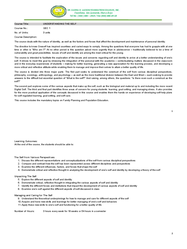 Ge1 Understanding The Self Pdf Self Identity Social Science