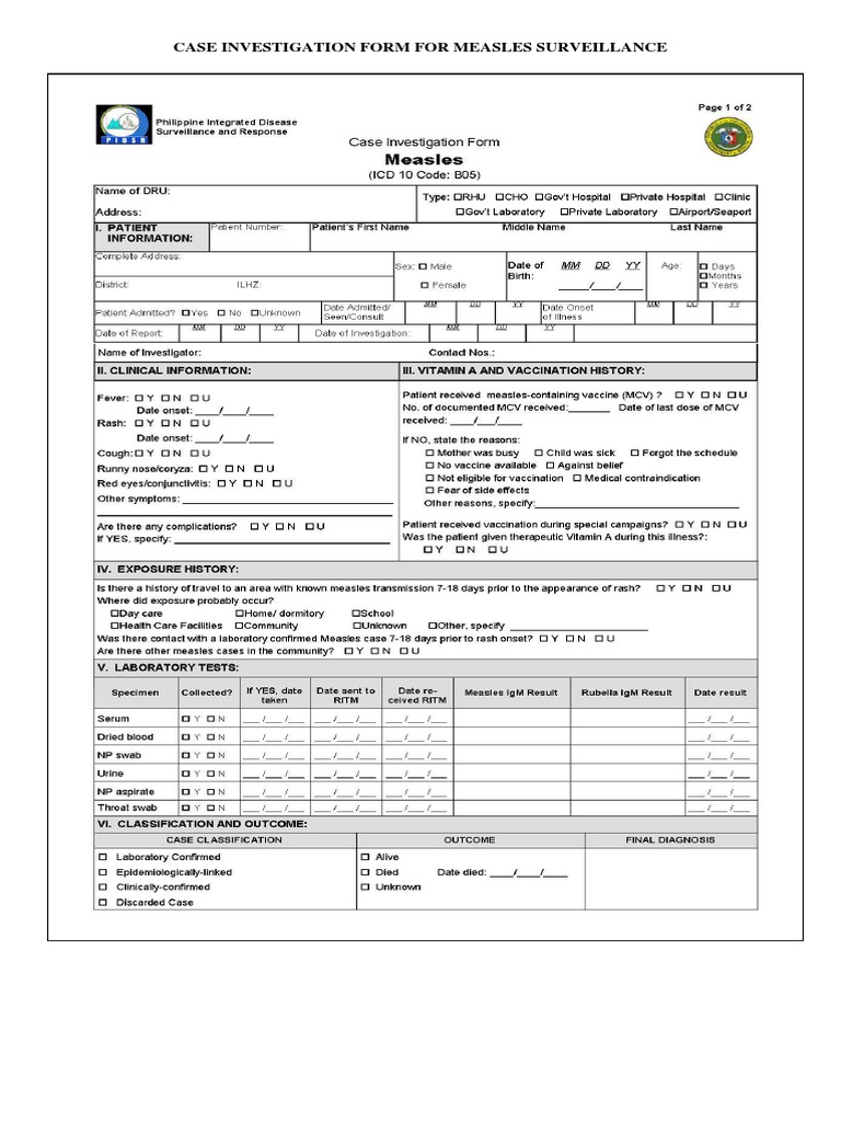 Case Investigation Form For Measles Surveillance PDF