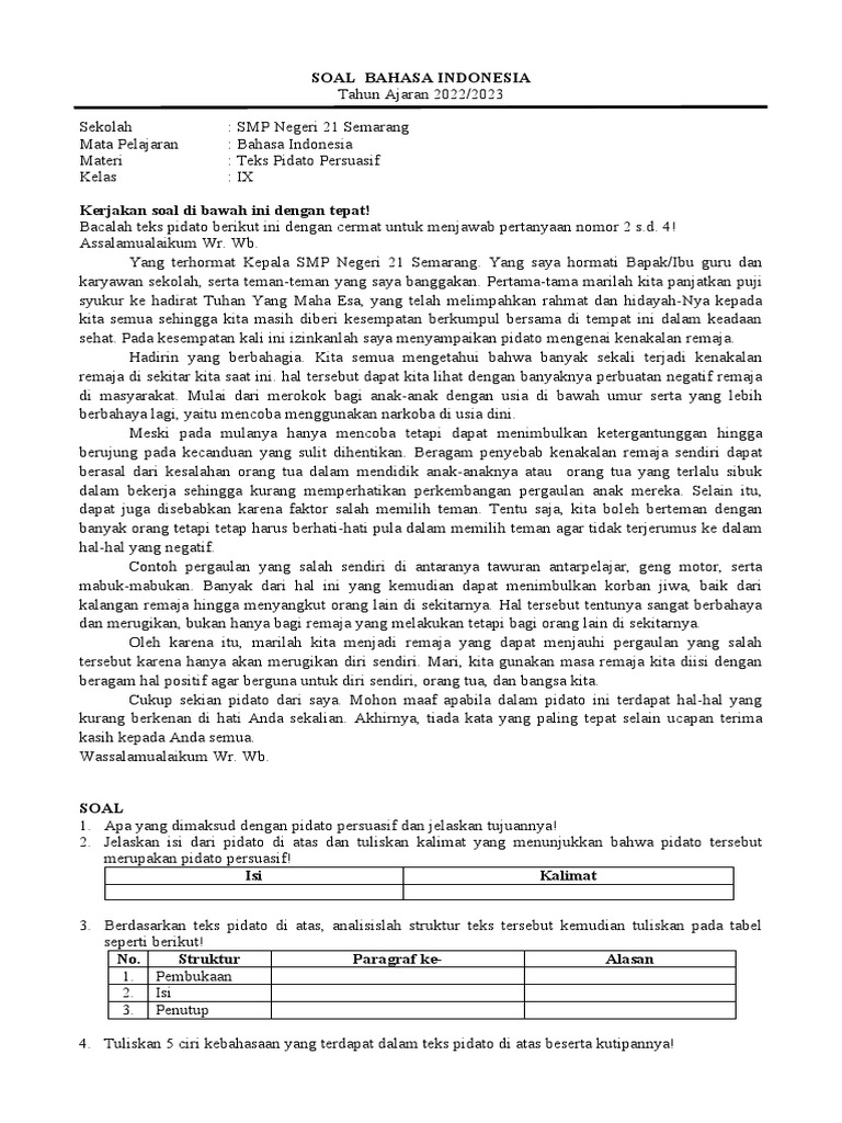 Soal Teks Pidato Persuasif Kelas 9 SMP PDF