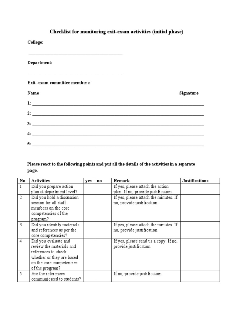 Exit Exam Activities Monitoring Checklist | PDF