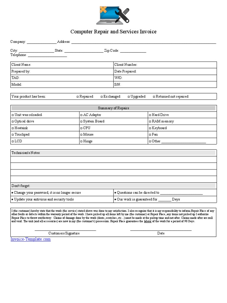 Computer Repair Invoice Template | PDF | Video Game Platforms | Computing