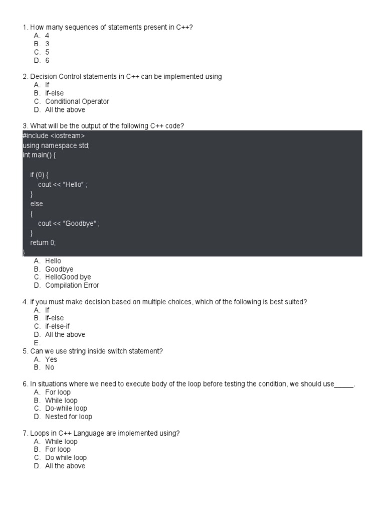 C++ Control Statements Quiz | PDF | Control Flow | Computing