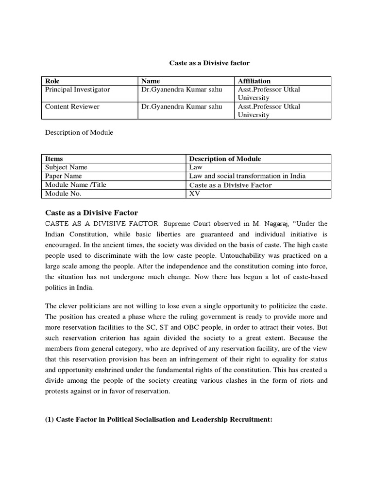 Caste as a Divisive Factor in India | PDF | Politics Of India | Government