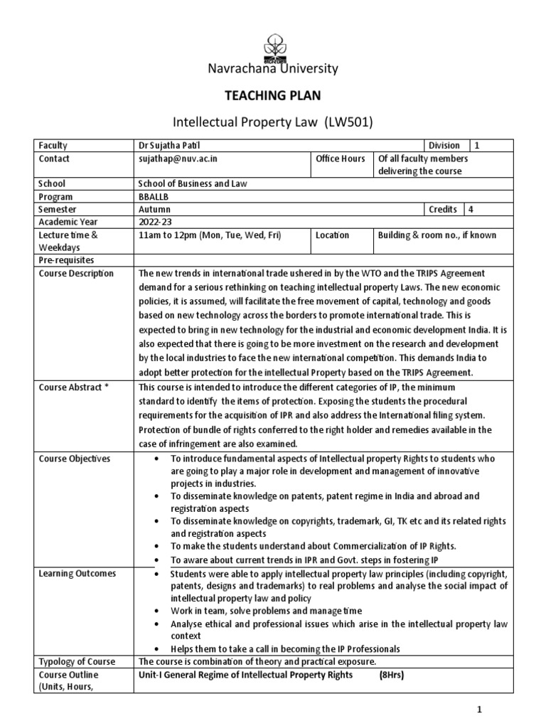 Teaching Plan IPR Course PDF Intellectual Property Patent