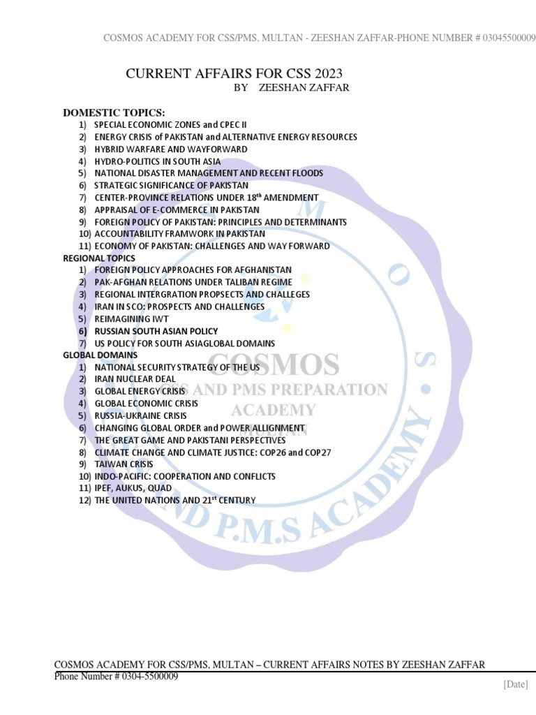 Current Affairs Notes for CSS 2023 | PDF | Food Security | Afghanistan