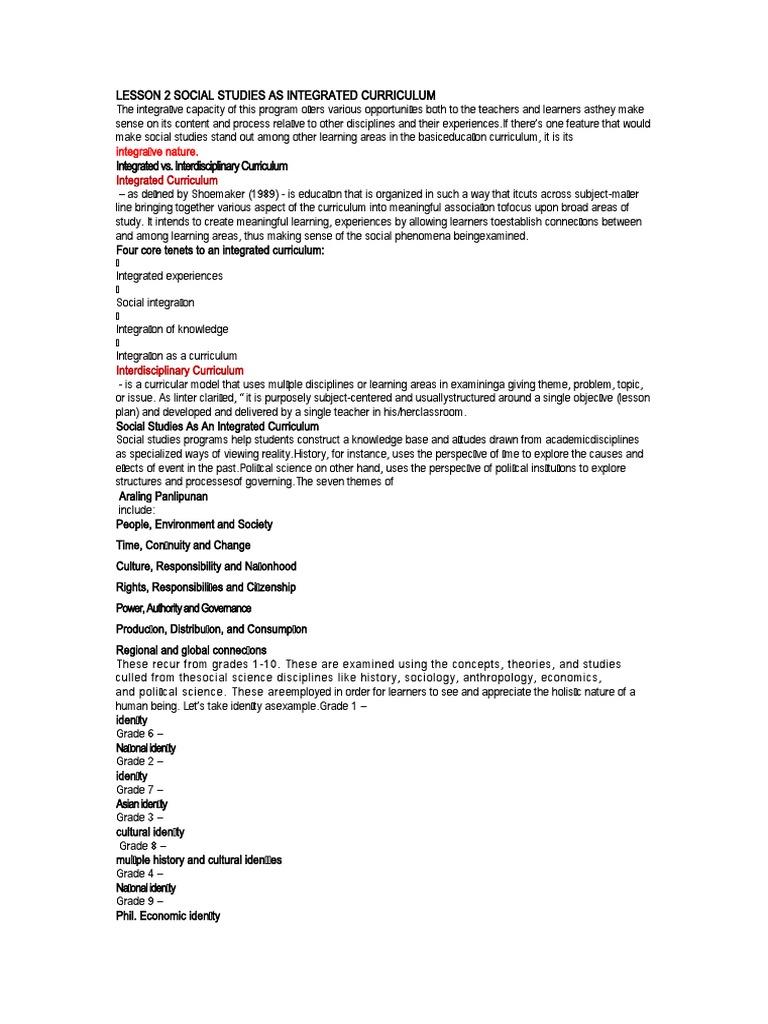 Lesson 2 Social Studies As Integrated Curriculum PDF
