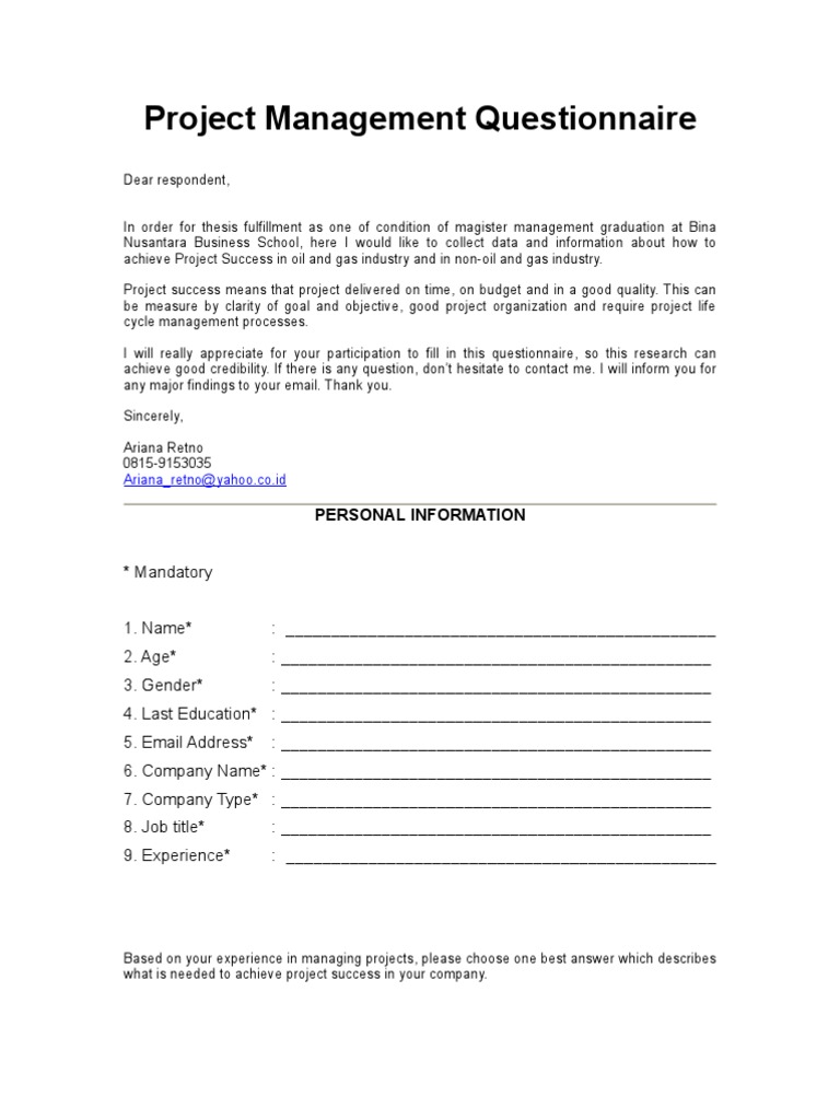 Project Management Questionnaire PDF Project Management Goal