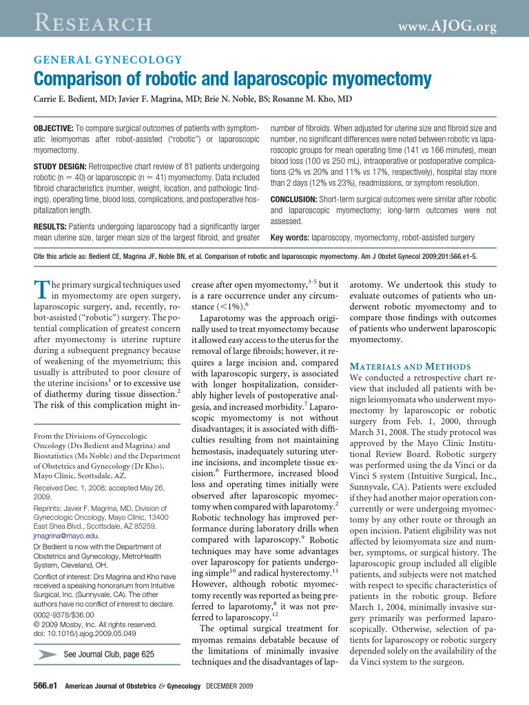 Comparision of Robotic and Laparoscopic Myomectomy PDF Surgery Medical Specialties