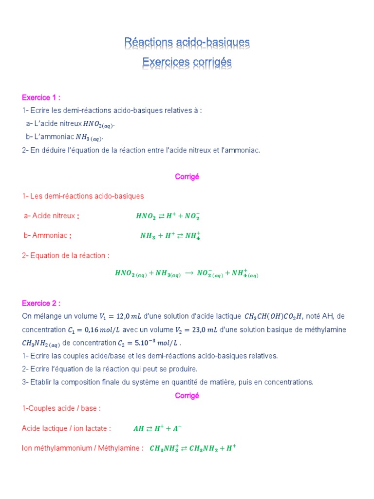 Les Reactions Acido Basiques Exercices Corriges 1 3 | PDF