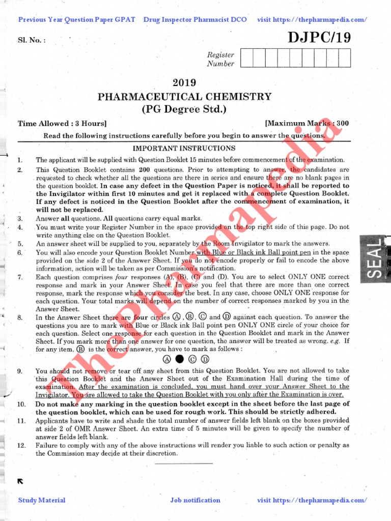 Di Drug Inspector Pharmaceutical Chemistry TNPSC 2019 Exam Paper The ...