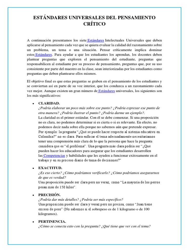 Estándares Universales del Pensamiento Crítico | PDF | Crecimiento ...