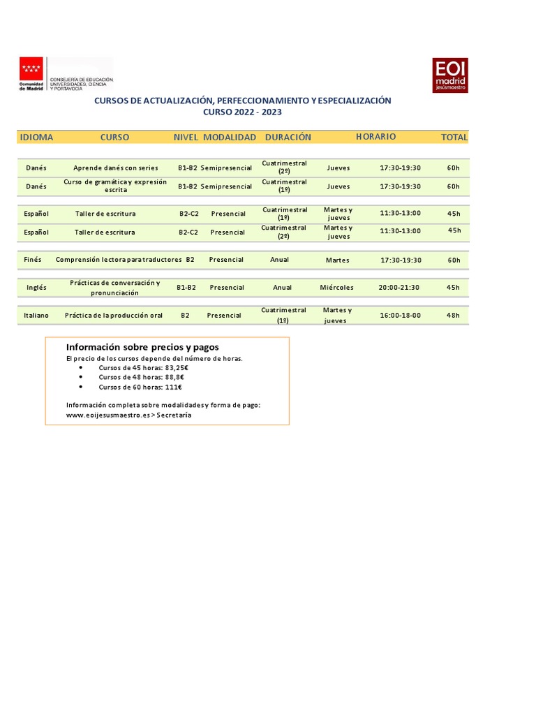 Cursos de idiomas 2022-2023: horarios y precios | PDF