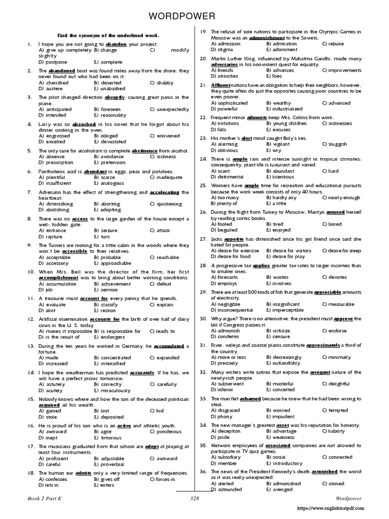 Advanced Level Synonym Questions Wordpower Test PDF