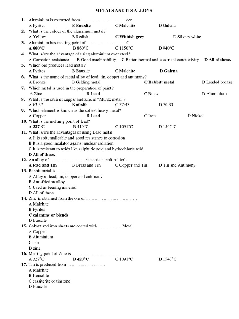 MCQs on Metals and Alloys | PDF | Brass | Bronze