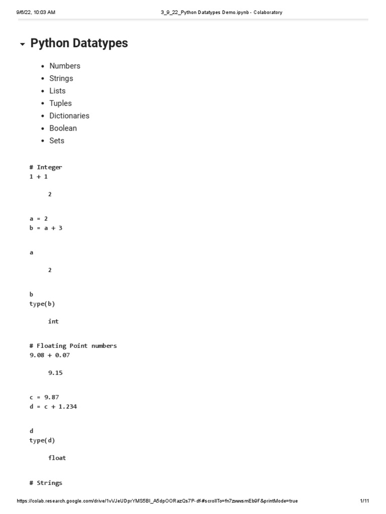 6 - 9 - 22 - Python Datatypes Demo - Ipynb - Colaboratory | PDF