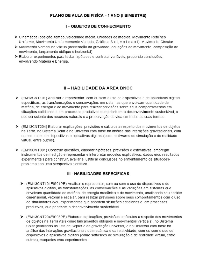 Plano de Aula: Física 1º Ano Ensino Médio | PDF | Física | Science