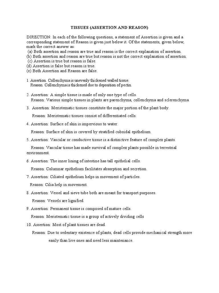 Tissues assertion reason pdf