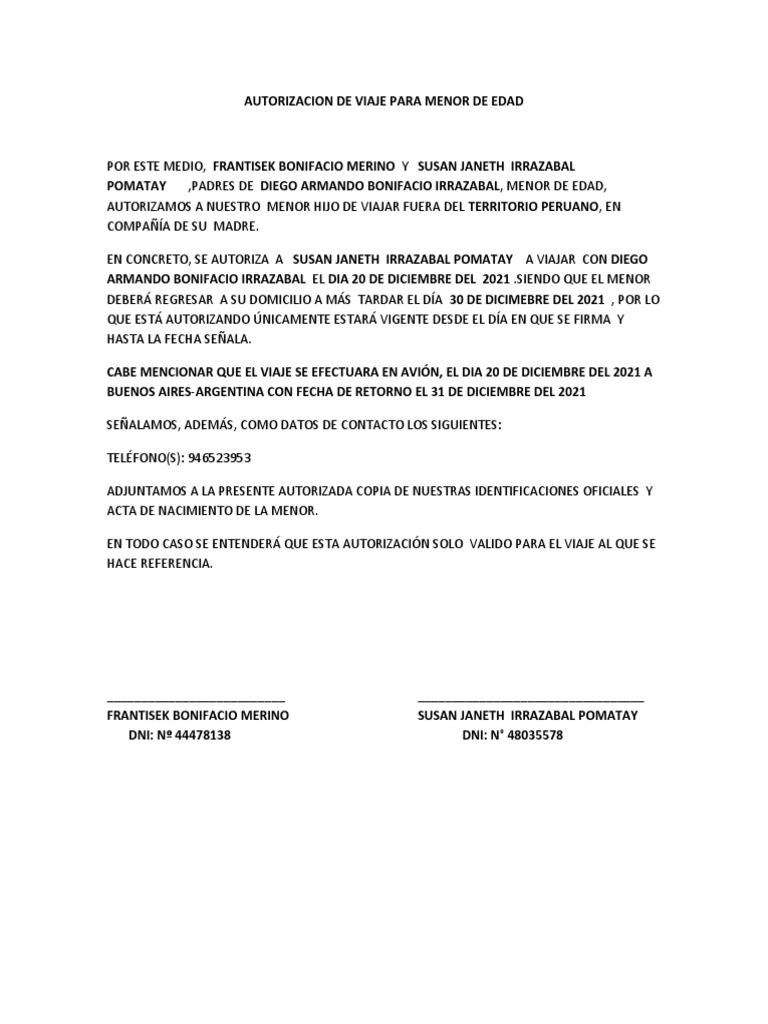 Autorizacion de Viaje para Menor de Edad | PDF