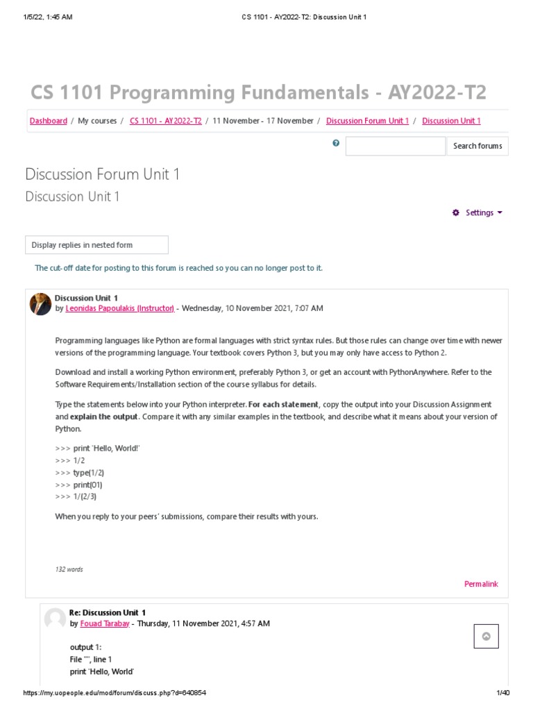 CS 1101 - AY2022-T2 - Discussion Unit 1 | PDF | Decimal | Python ...