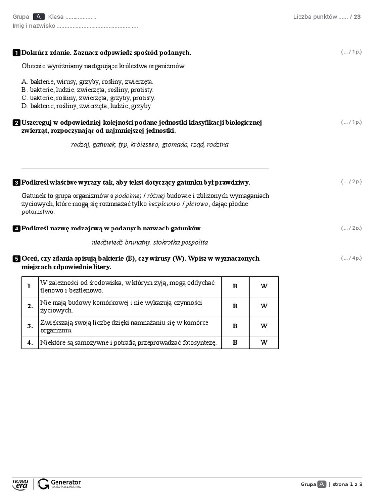 Wirusy Bakterie Protisty I Grzyby Sprawdzian Klasa 5 Pdf Test Wirusy, Bakterie, Protisty I Grzyby Kl. 5 | PDF