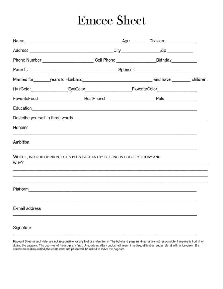 Emcee Sheet for Pageant Contestants | PDF | Career & Growth