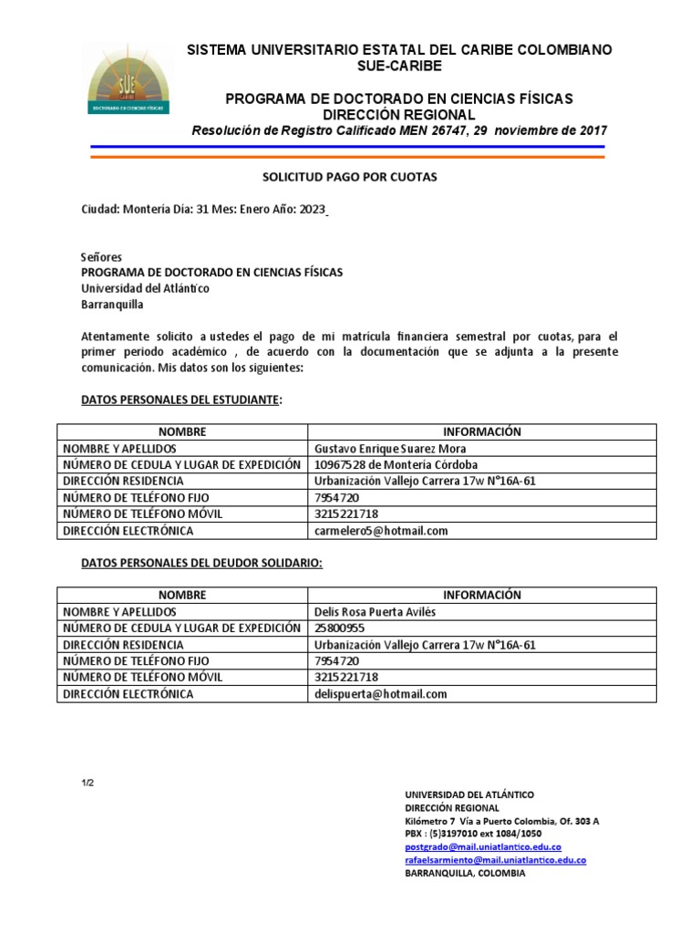 Formato Solicitud Pago Por Cuotas Pdf Colombia