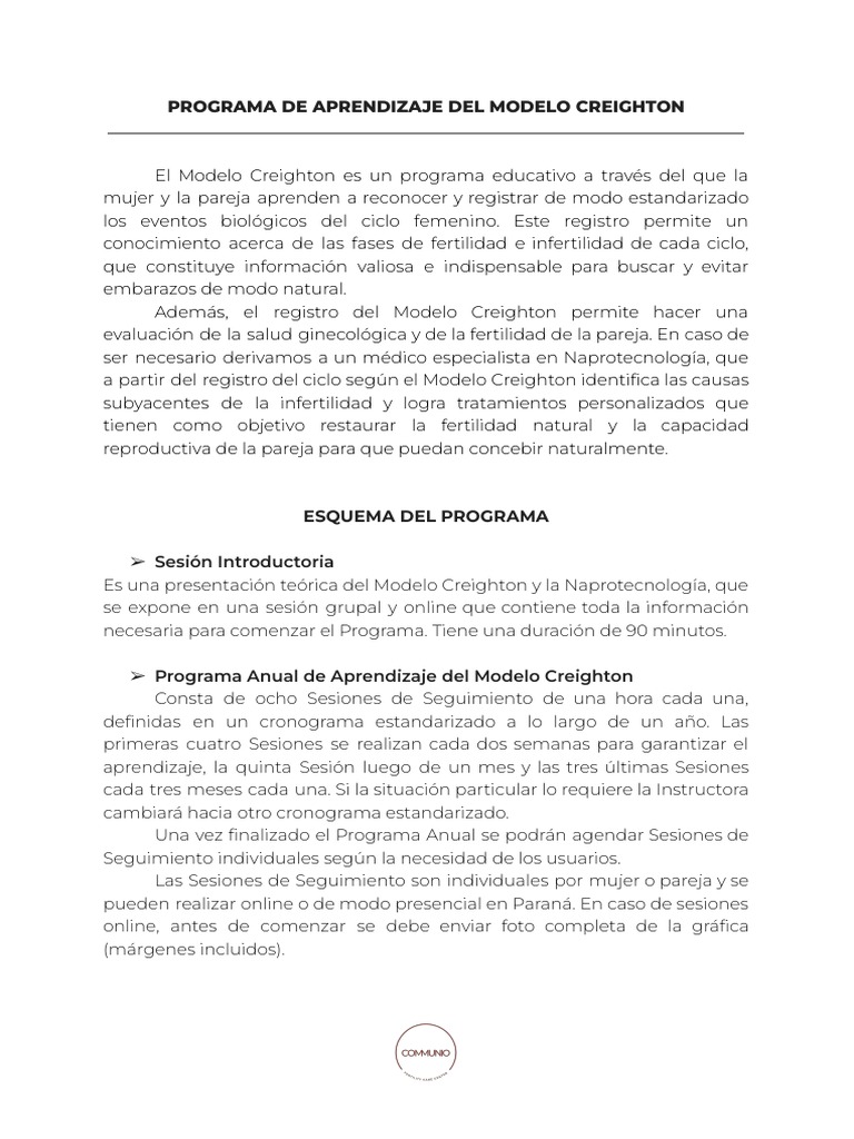 PROGRAMA DE APRENDIZAJE DEL MODELO CREIGHTON (1) | PDF | Esterilidad |  Fertilidad