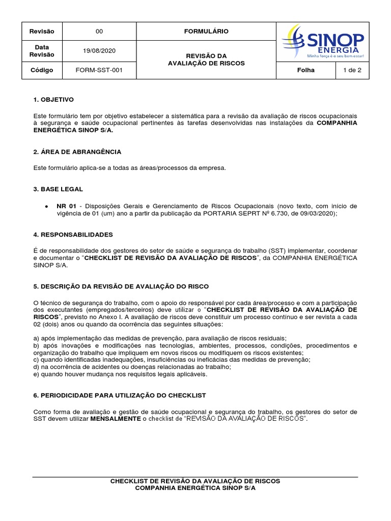 Formulário FORM-SST-001 - REVISÃO DE AVALIAÇÃO DE RISCOS | Download ...
