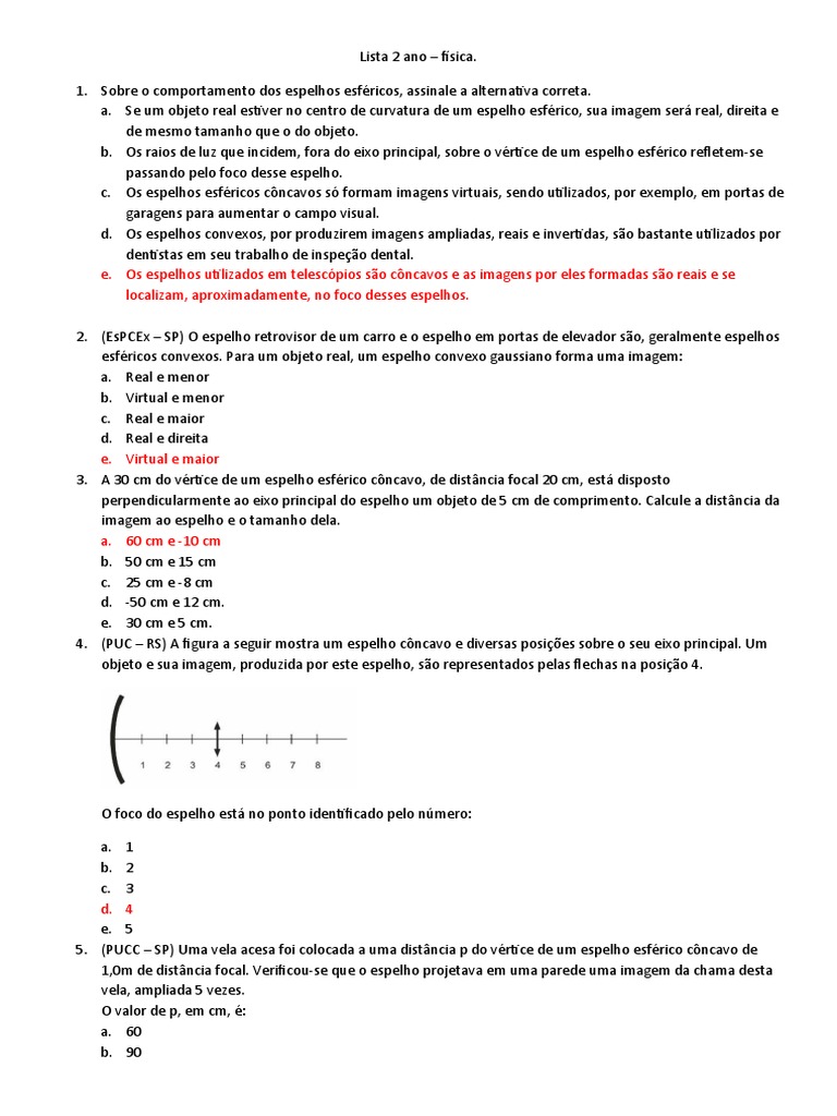 Lista de Exercícios de Física 2º Ano | PDF | Espelho | Refração