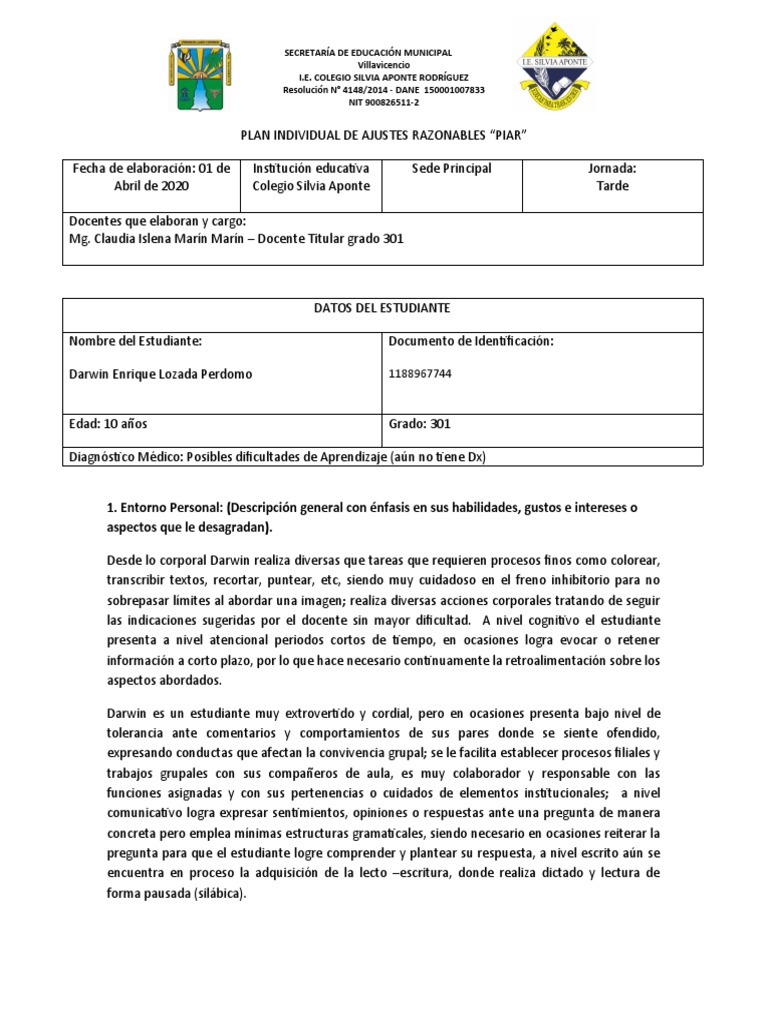Plan Individual de Ajustes Razonables Kevin Osorio | Descargar gratis ...