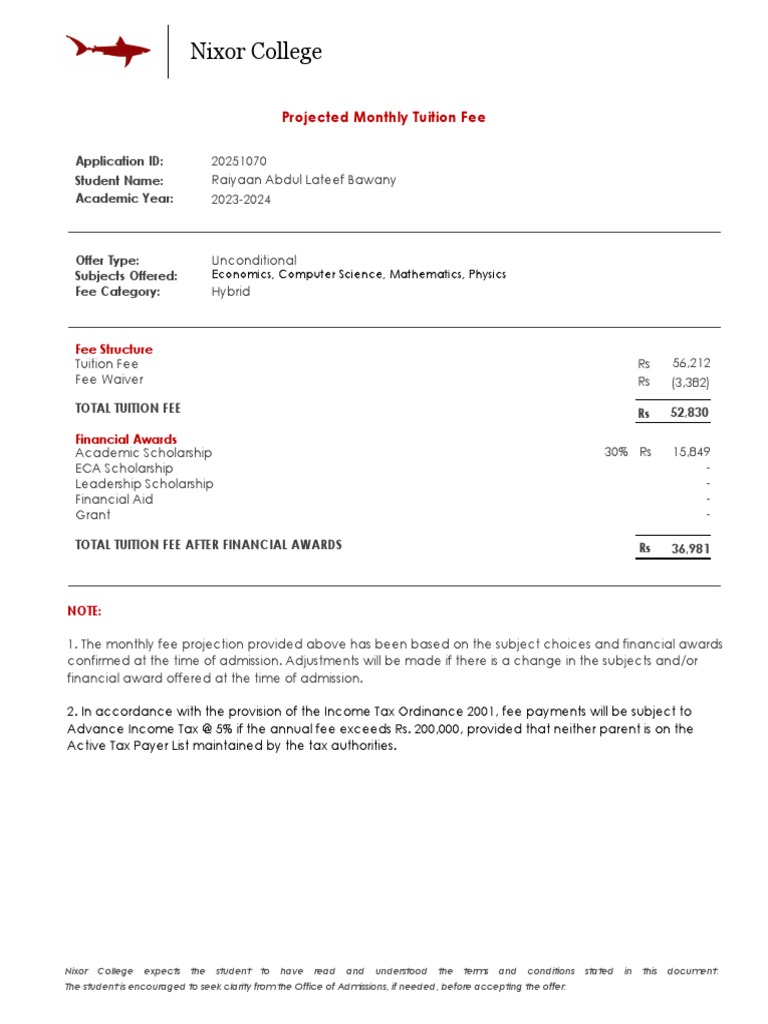 Raiyaan Abdul Lateef Bawany (Projected Monthly Tuition Fee) | PDF ...