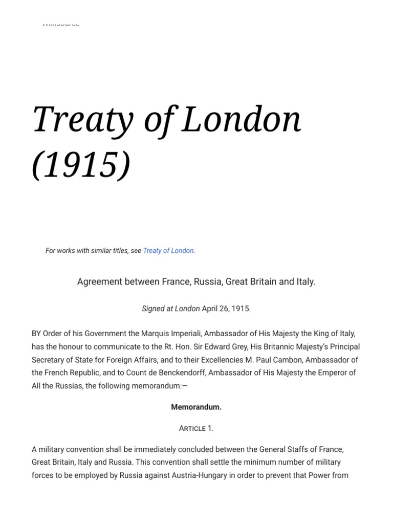 Treaty of London (1915) Wikisource, The Free Online Library