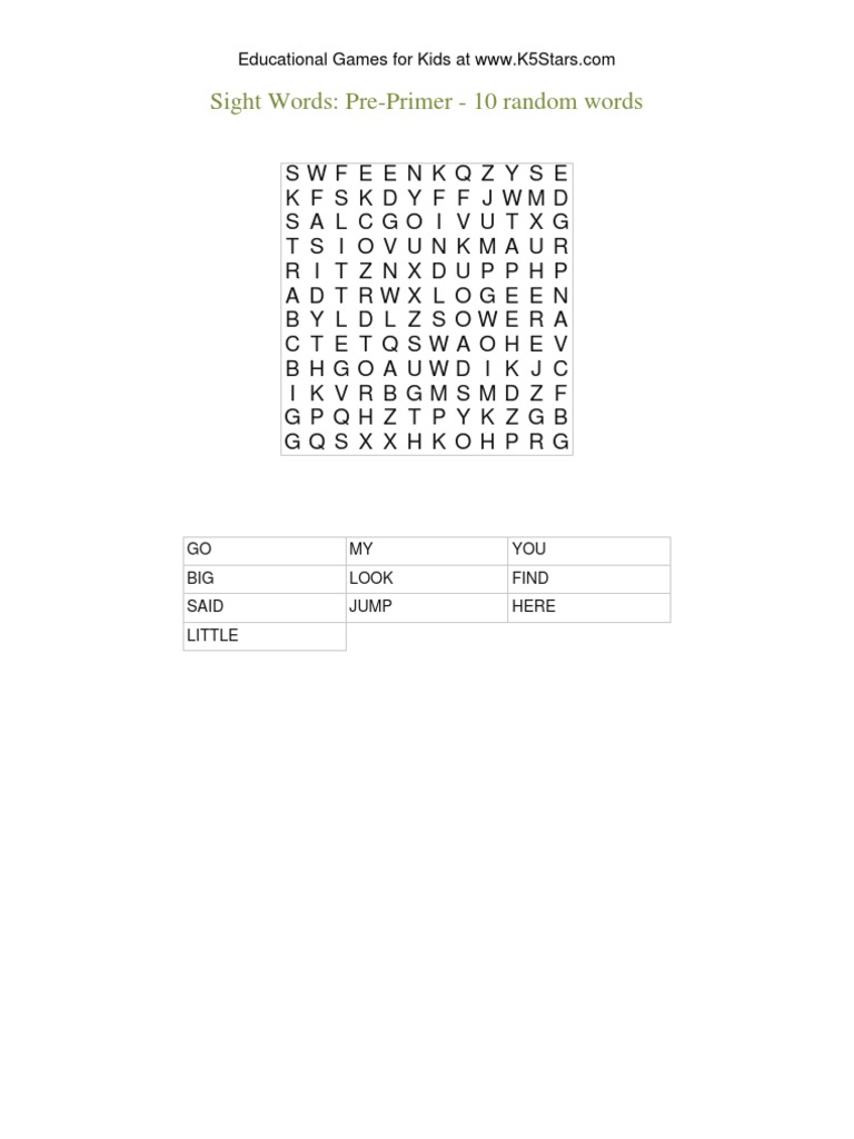 Pre-Primer Sight Words Game for Kids | PDF | Sports & Recreation ...