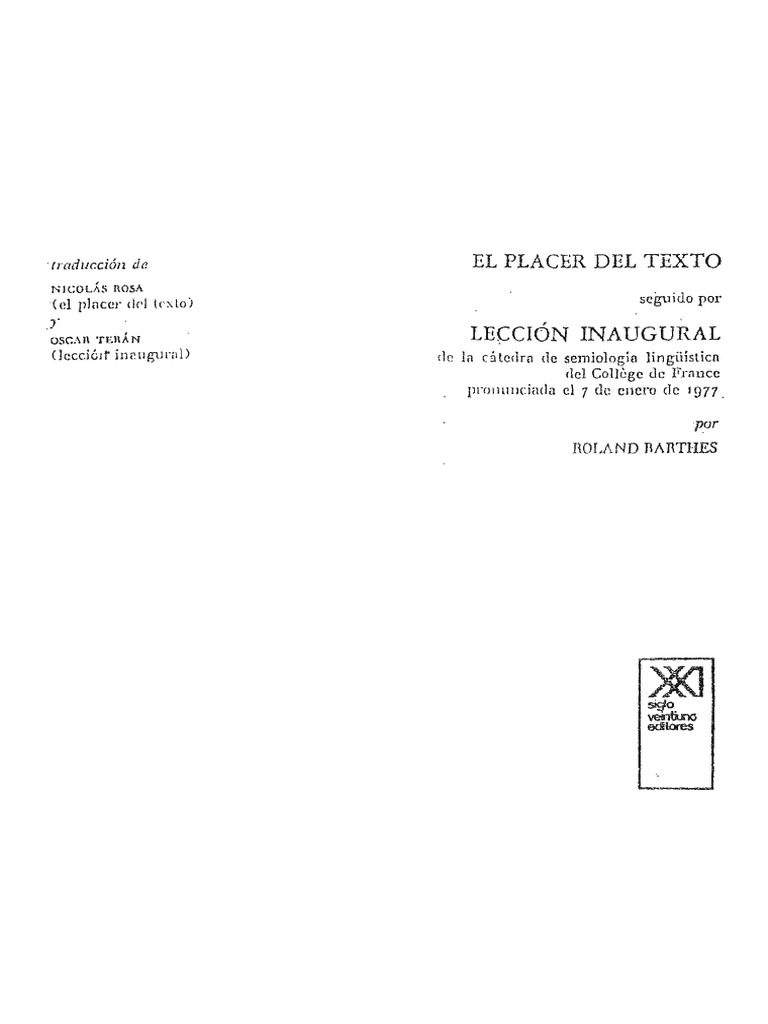 Roland - Barthes - El Placer - Del - Texto - Leccion - Inaugural | PDF