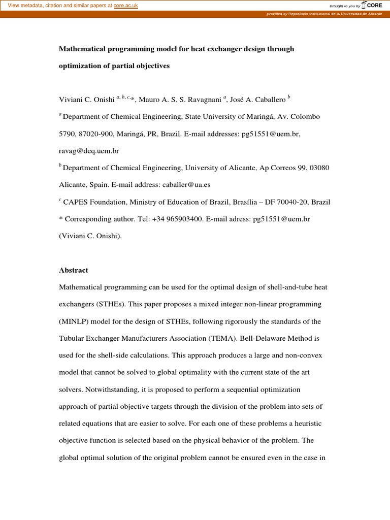 Mathematical Programming Model For Heat Exchanger Design Through | PDF ...