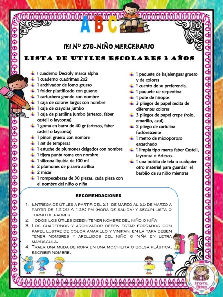 Lista de útiles escolares 3 años | PDF | Hogar, jardinería y bricolaje