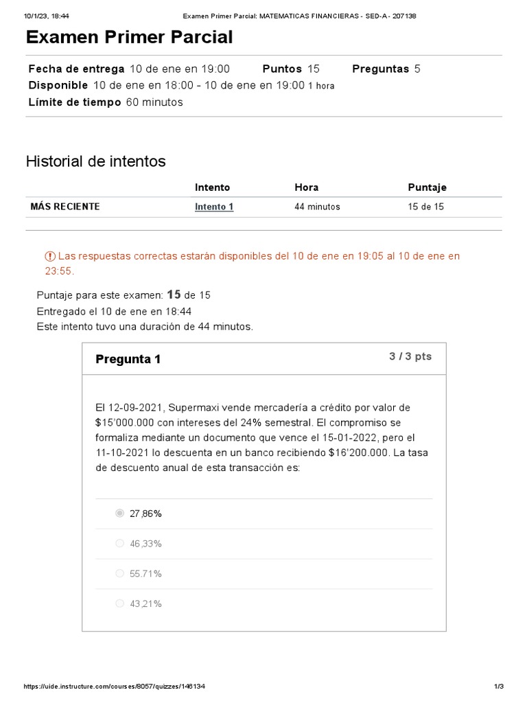 Examen Primer Parcial Matemáticas Financieras | PDF | Finanzas ...