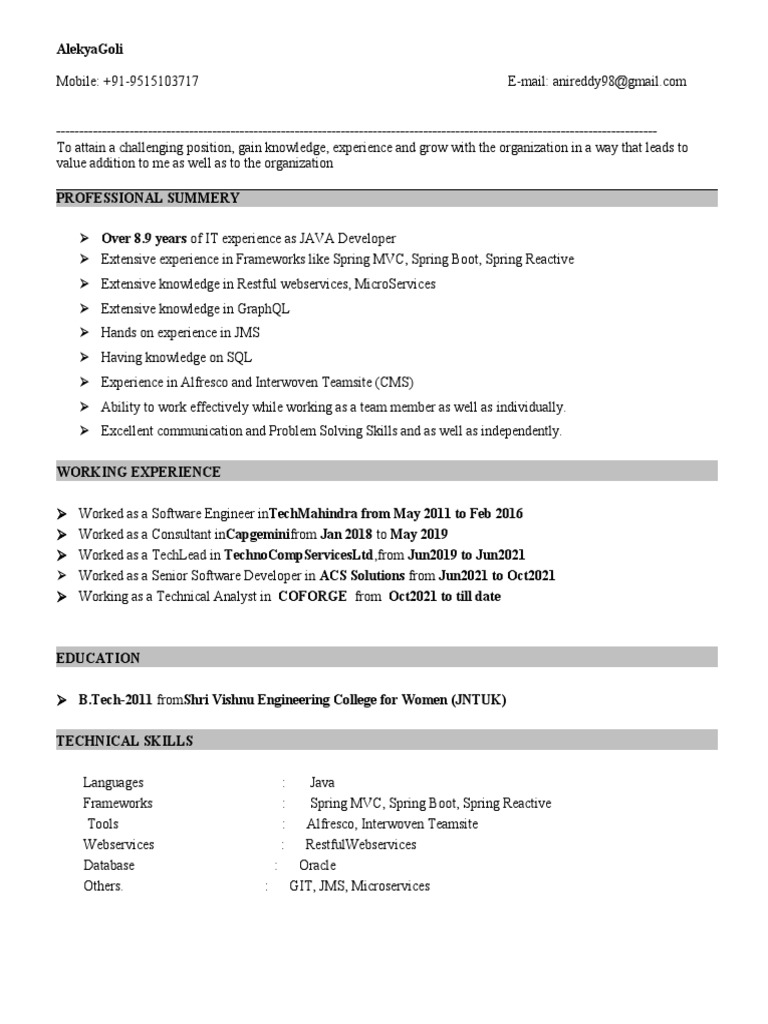 Alekya Goli: Java Developer Profile | PDF | Spring Framework ...