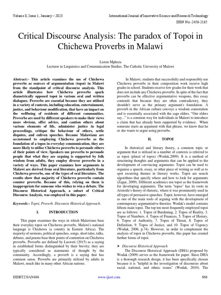 Critical discourse analysis the paradox of topoi in chichewa proverbs