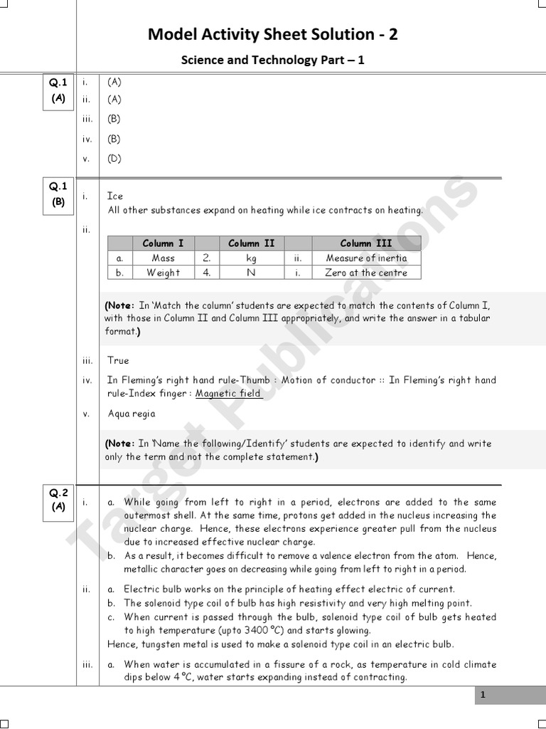 Model Activity Sheet Solution with Detailed Explanations for Science
