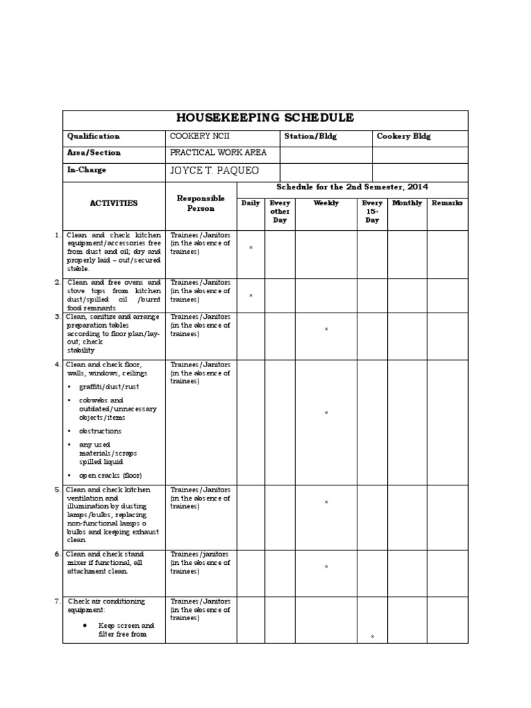 Housekeeping Schedule Worksheet PDF Home Building Engineering