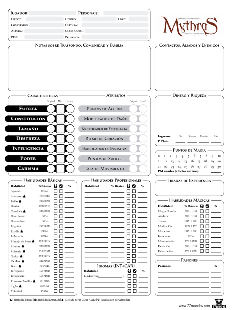 Hoja-de-Personajes Mythras Editable 2.0-Ok | PDF